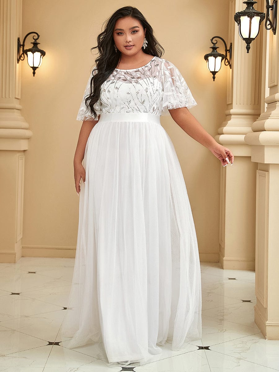 Plus Size Sequin Bodice Long Formal Evening Dresses #color_White