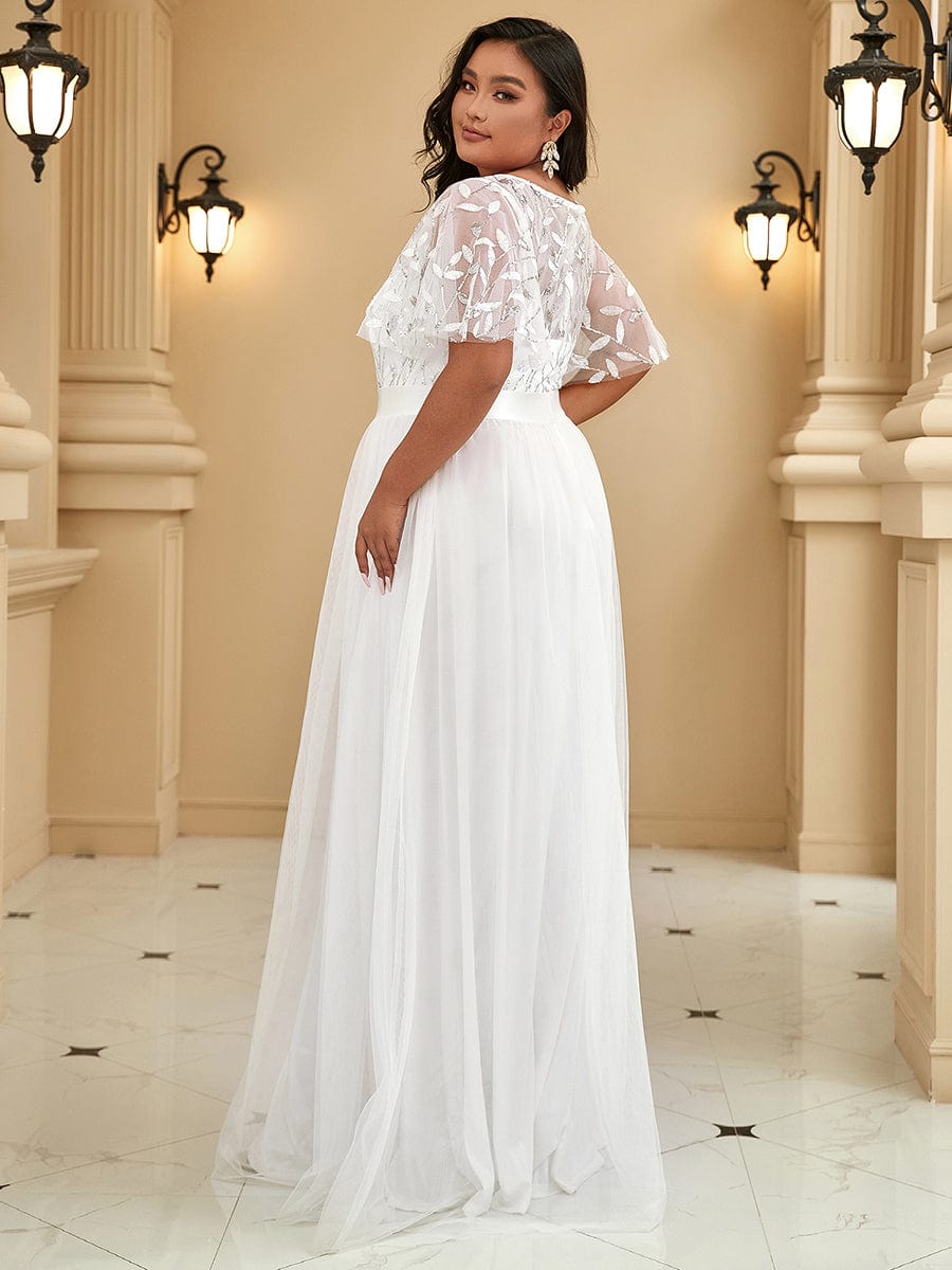 Plus Size Sequin Bodice Long Formal Evening Dresses #color_White