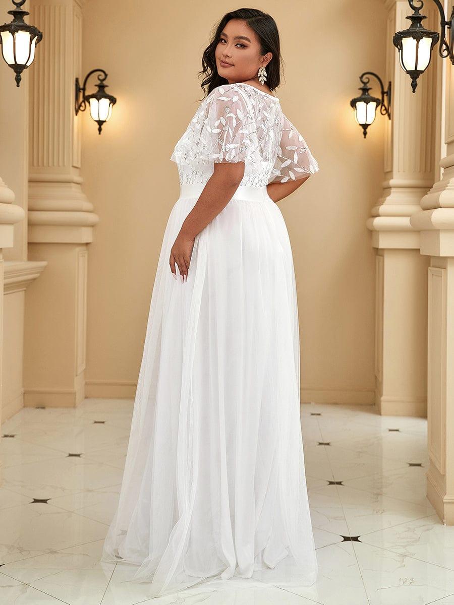 Women's A-Line Sequin Leaf Maxi Prom Dress with Sleeves #color_White