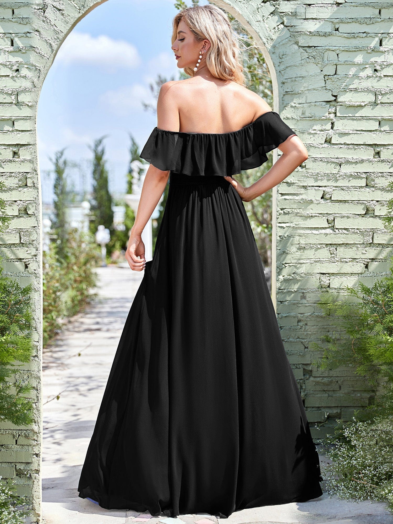 Women's Off Shoulder Ruffle Thigh Split Bridesmaid Dresses #Color_Black