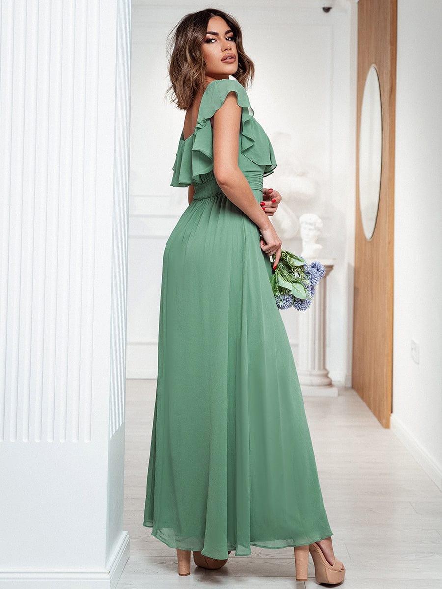 Women's Off Shoulder Ruffle Thigh Split Bridesmaid Dresses #color_Green Bean 