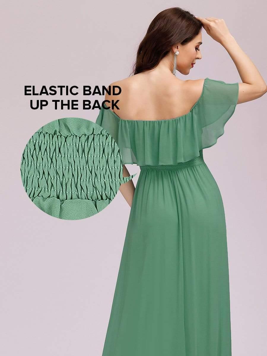 Women's Off Shoulder Ruffle Thigh Split Bridesmaid Dresses #color_Green Bean 