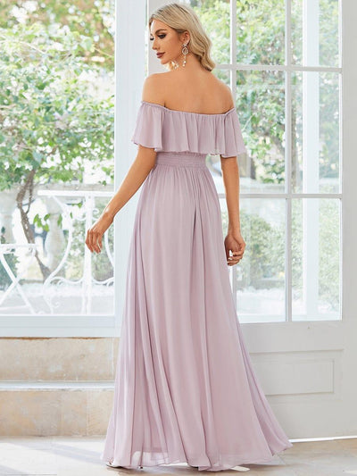 Women's Off Shoulder Ruffle Thigh Split Bridesmaid Dresses #color_Lilac