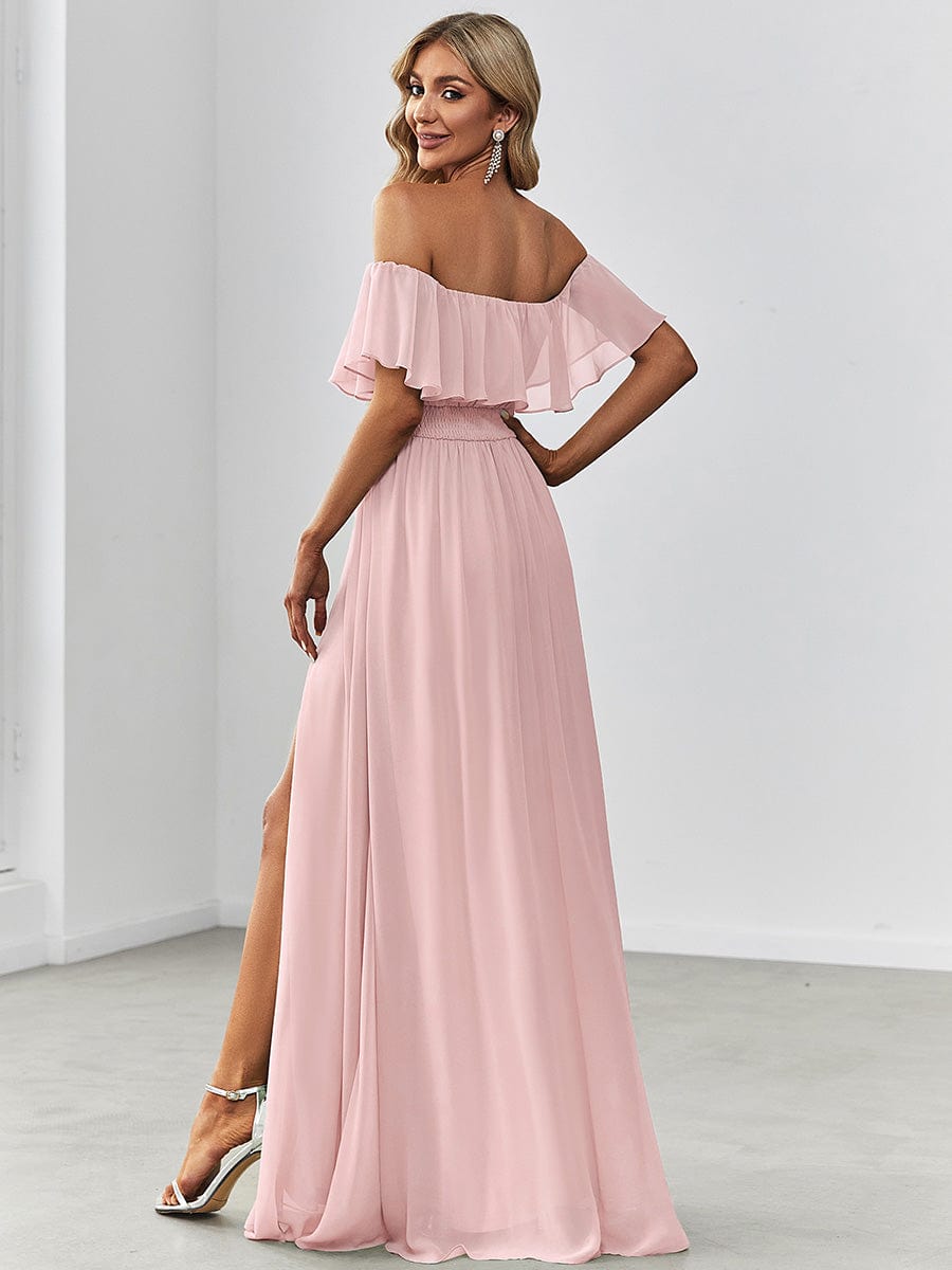 Women's Off Shoulder Ruffle Thigh Split Bridesmaid Dresses #color_Pink 