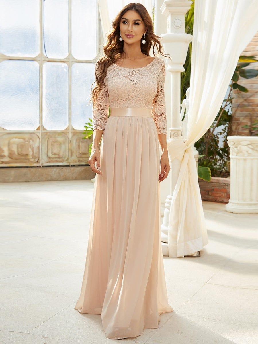 Lace Chiffon Maxi Evening Dress with Half Sleeve #color_Blush