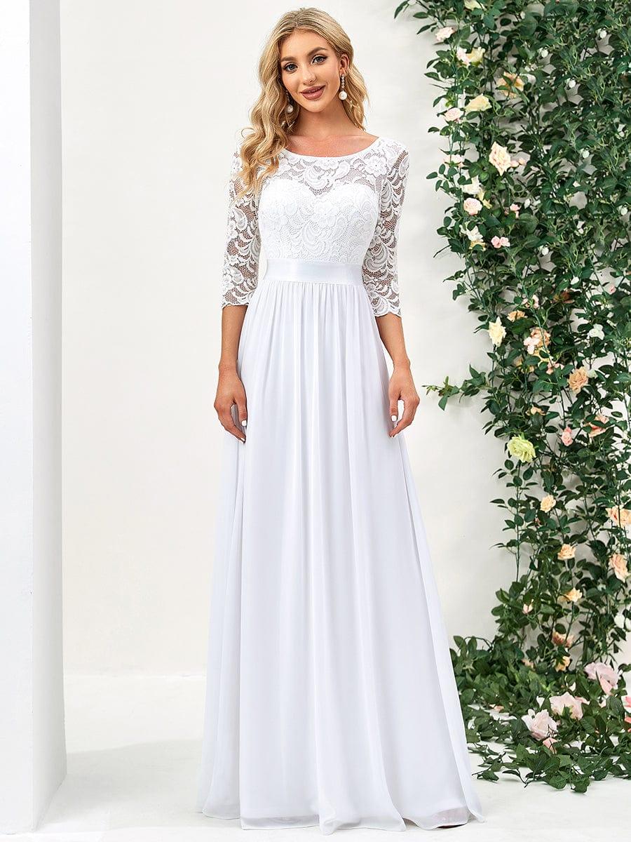 See-Through Floor Length Lace Chiffon Evening Dress with Half Sleeve #color_White