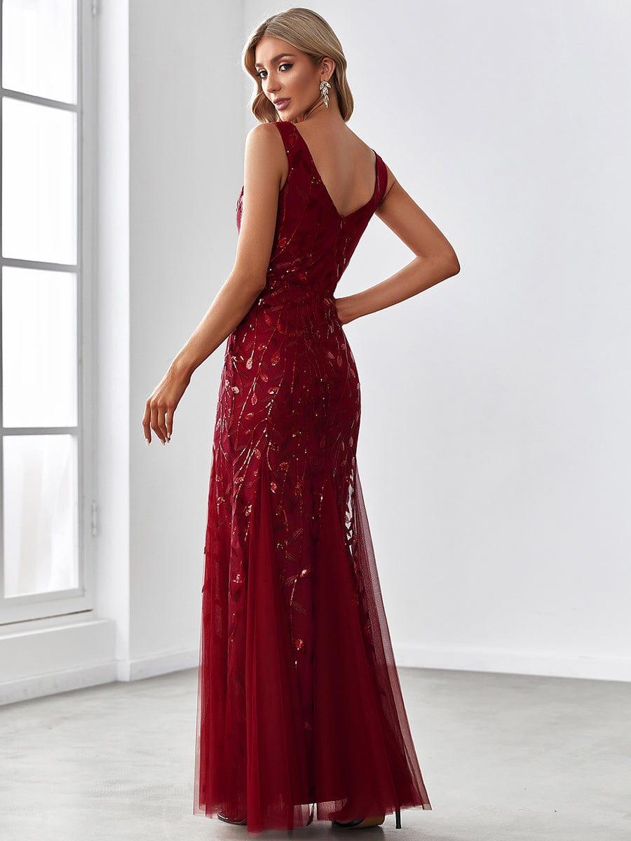 Leaf Sequin V-Neck Sleeveless Bridesmaid Dress with Tulle Hem #Color_Burgundy