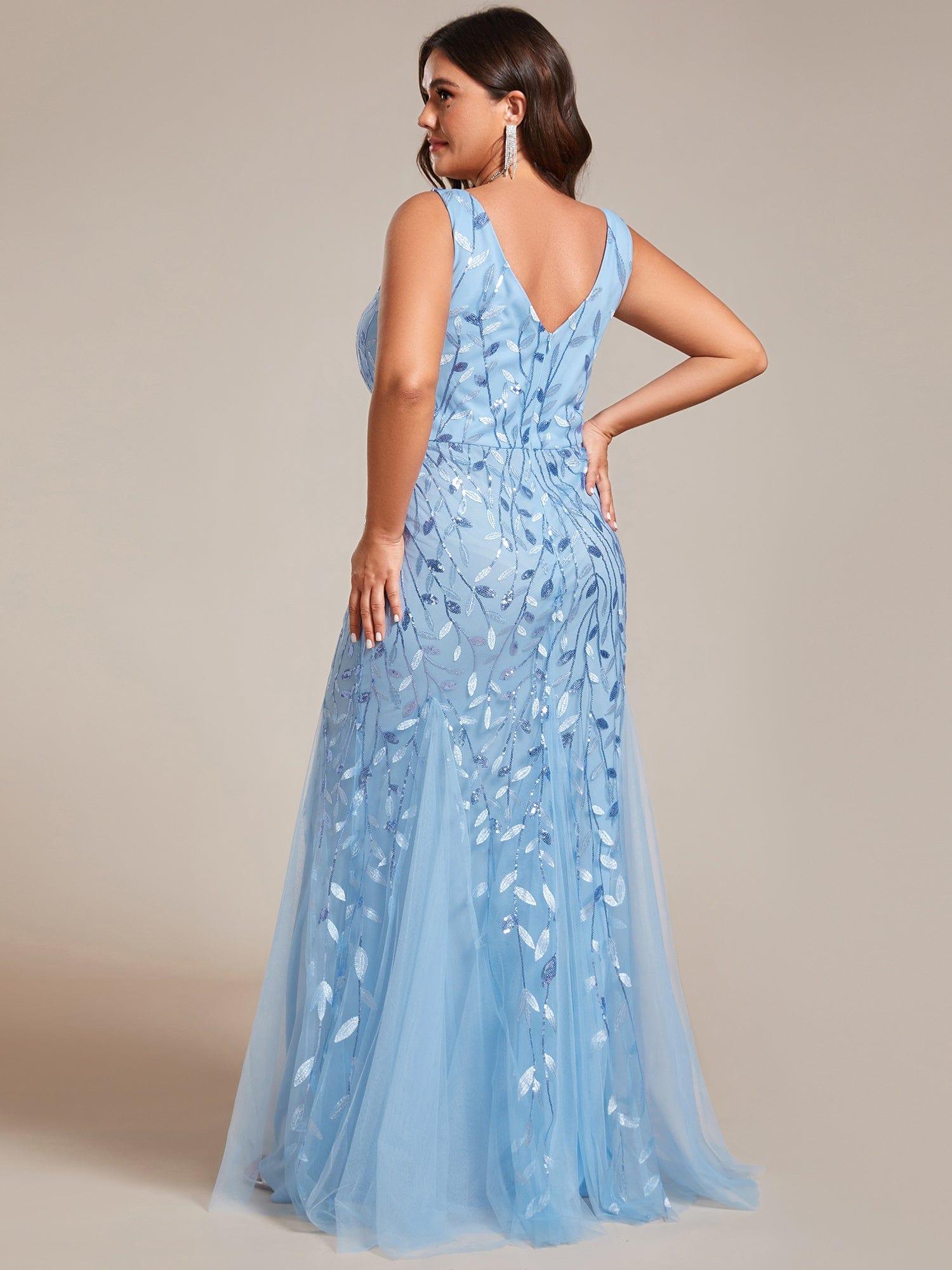 Leaf Sequin V-Neck Sleeveless Bridesmaid Dress with Tulle Hem #Color_Sky Blue
