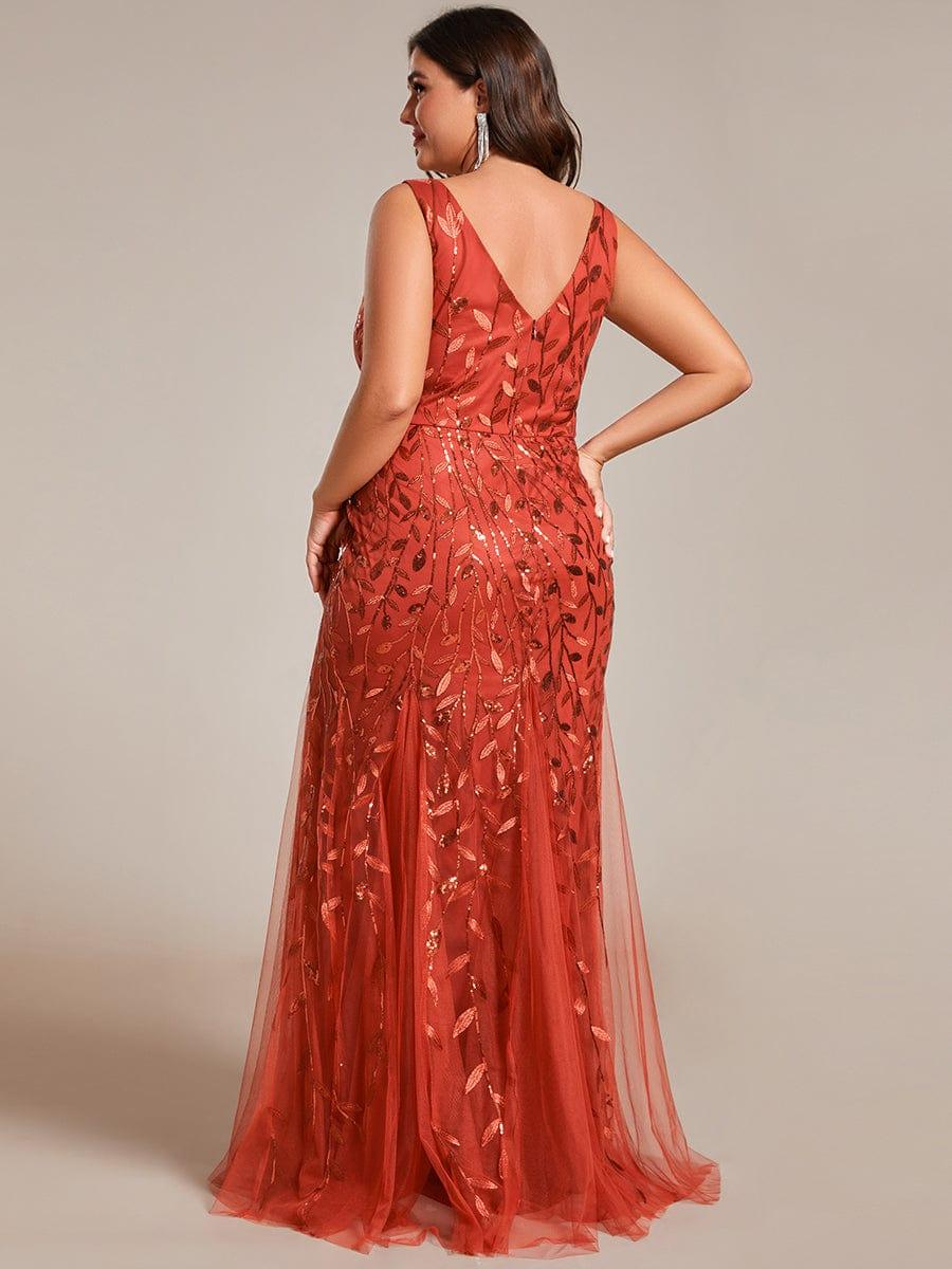 Leaf Sequin V-Neck Sleeveless Bridesmaid Dress with Tulle Hem #Color_Burnt Orange