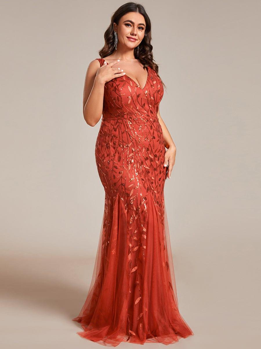Leaf Sequin V-Neck Sleeveless Bridesmaid Dress with Tulle Hem #Color_Burnt Orange