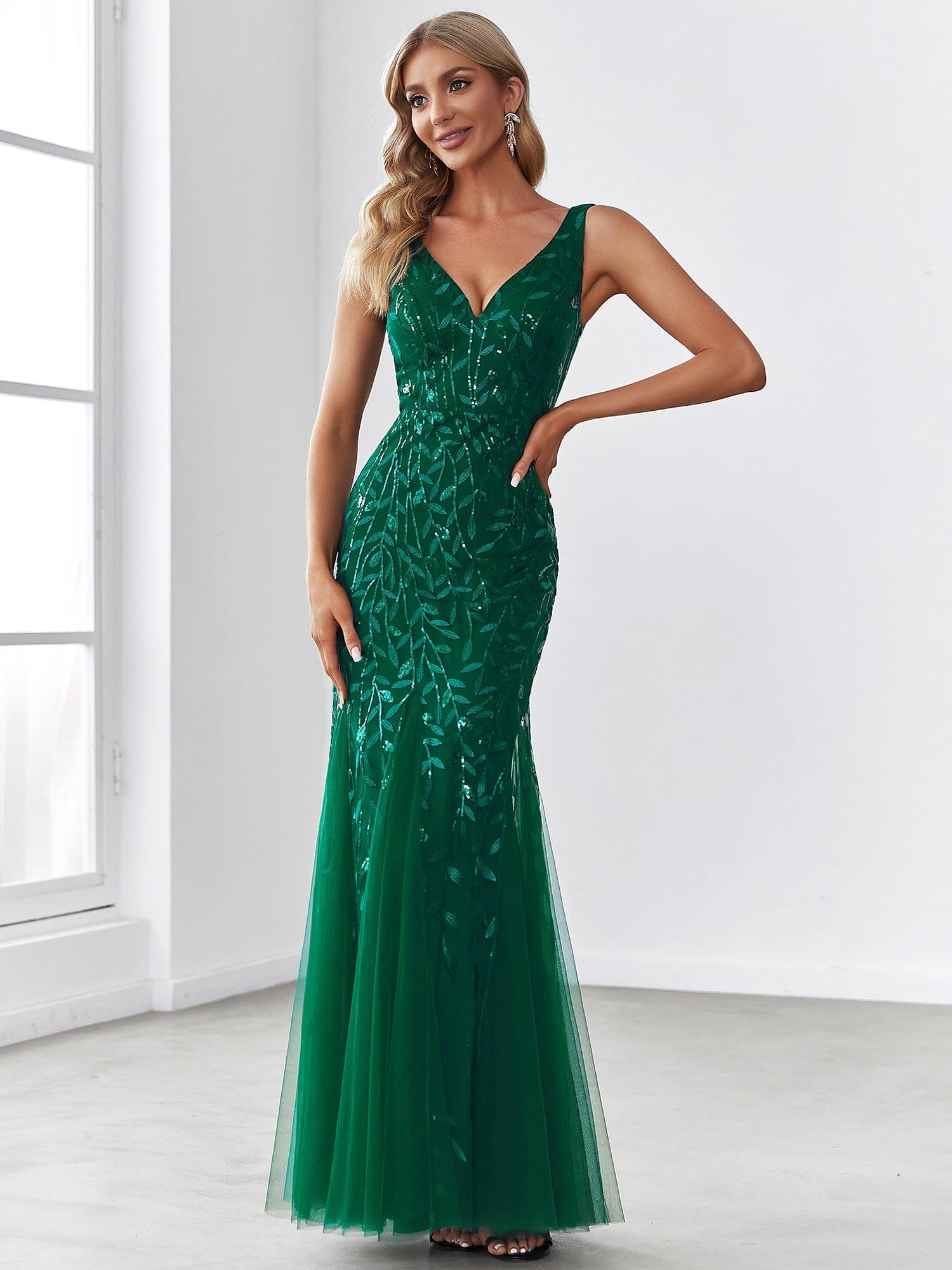 Leaf Sequin V-Neck Sleeveless Bridesmaid Dress with Tulle Hem #Color_Dark Green
