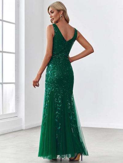 Leaf Sequin V-Neck Sleeveless Bridesmaid Dress with Tulle Hem #Color_Dark Green