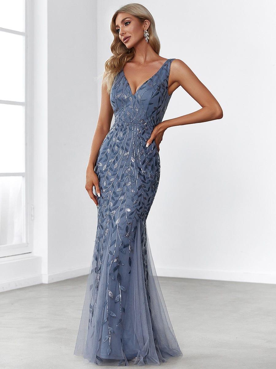 Leaf Sequin V-Neck Sleeveless Bridesmaid Dress with Tulle Hem #Color_Dusty Blue