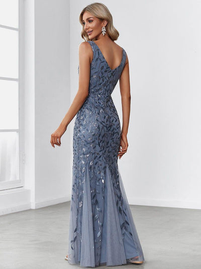 Leaf Sequin V-Neck Sleeveless Bridesmaid Dress with Tulle Hem #Color_Dusty Blue
