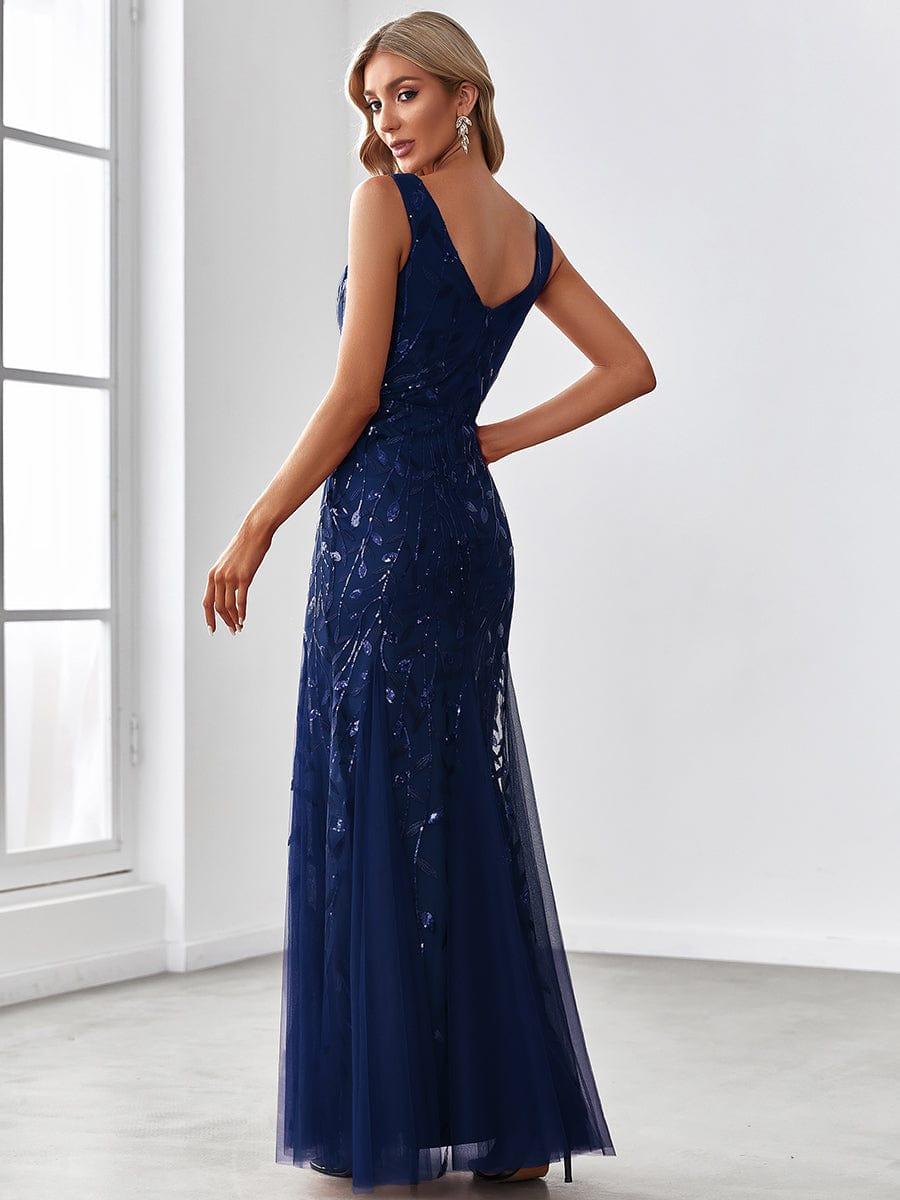 Leaf Sequin V-Neck Sleeveless Bridesmaid Dress with Tulle Hem #Color_Navy Blue