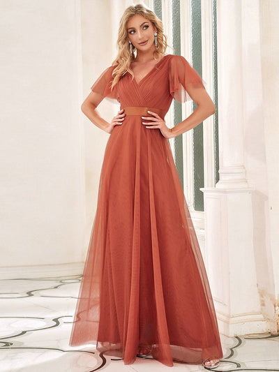 Double V-Neck Floor-Length Short Sleeve Tulle Bridesmaid Dresses #color_Burnt Orange