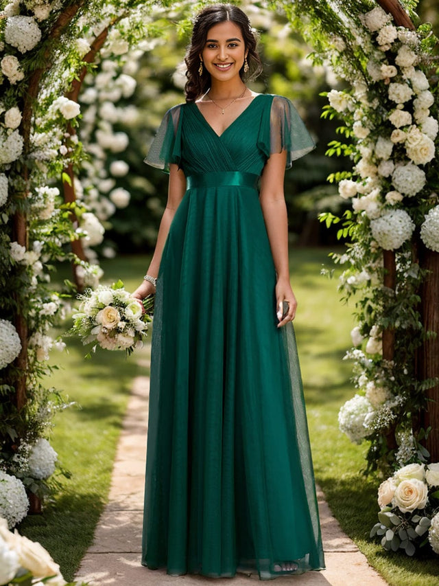 ever MISTE|Double V-Neck Floor-Length Short Sleeve Tulle Bridesmaid Dresses Fan Photos 9
