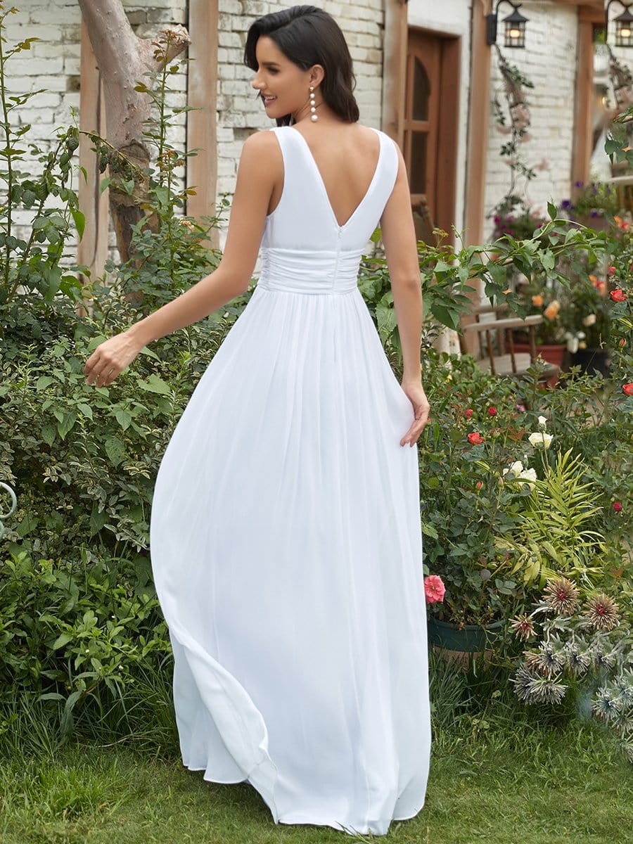 Custom Size Pleated Sleeveless V-Neck Chiffon Maxi Dress #color_White
