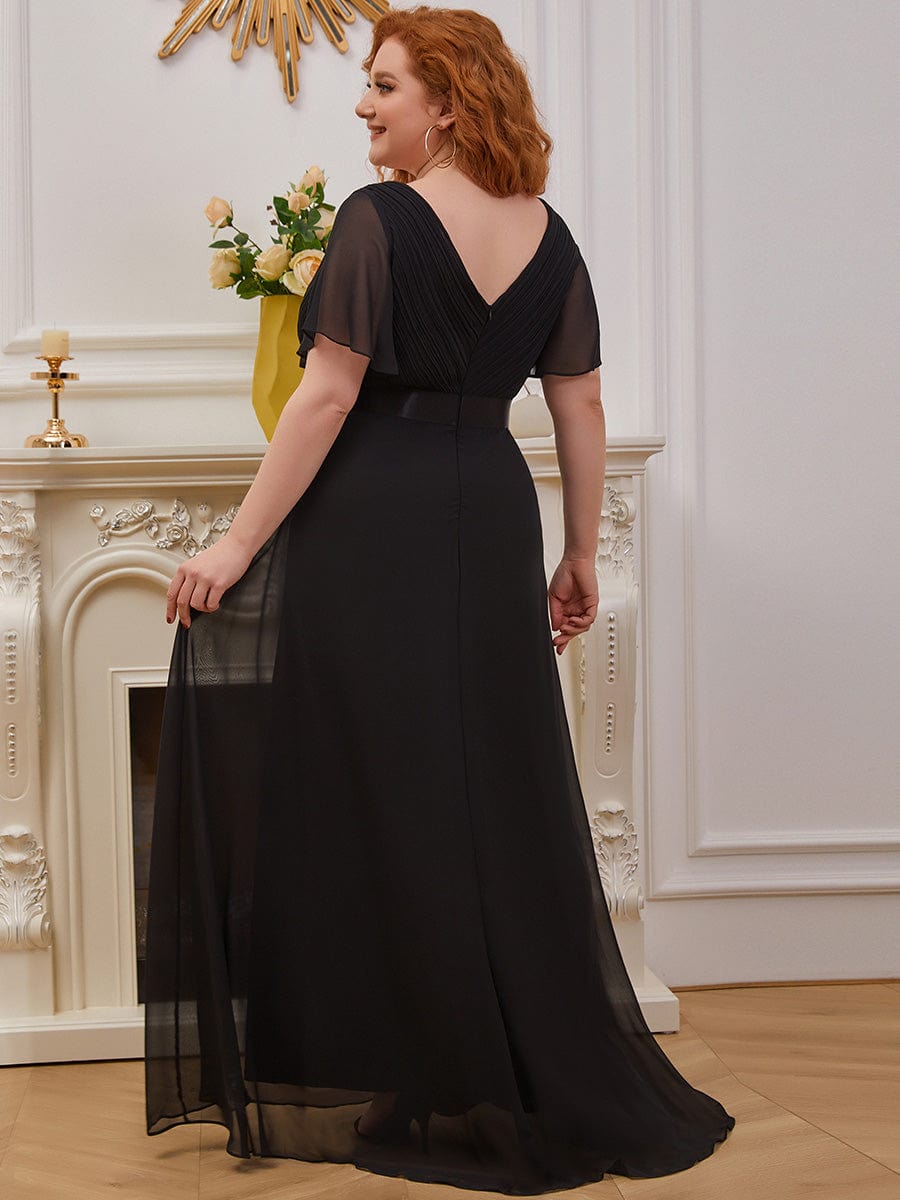 Plus Size Long Empire Waist Evening Dress With Short Flutter Sleeves #color_Black