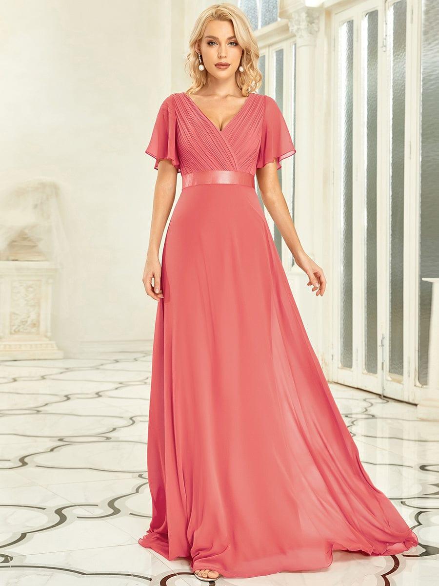 Long Empire Waist Evening Dress with Short Flutter Sleeves #color_Coral