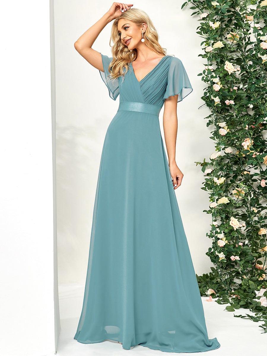 Long Empire Waist Evening Dress with Short Flutter Sleeves #color_Light Teal