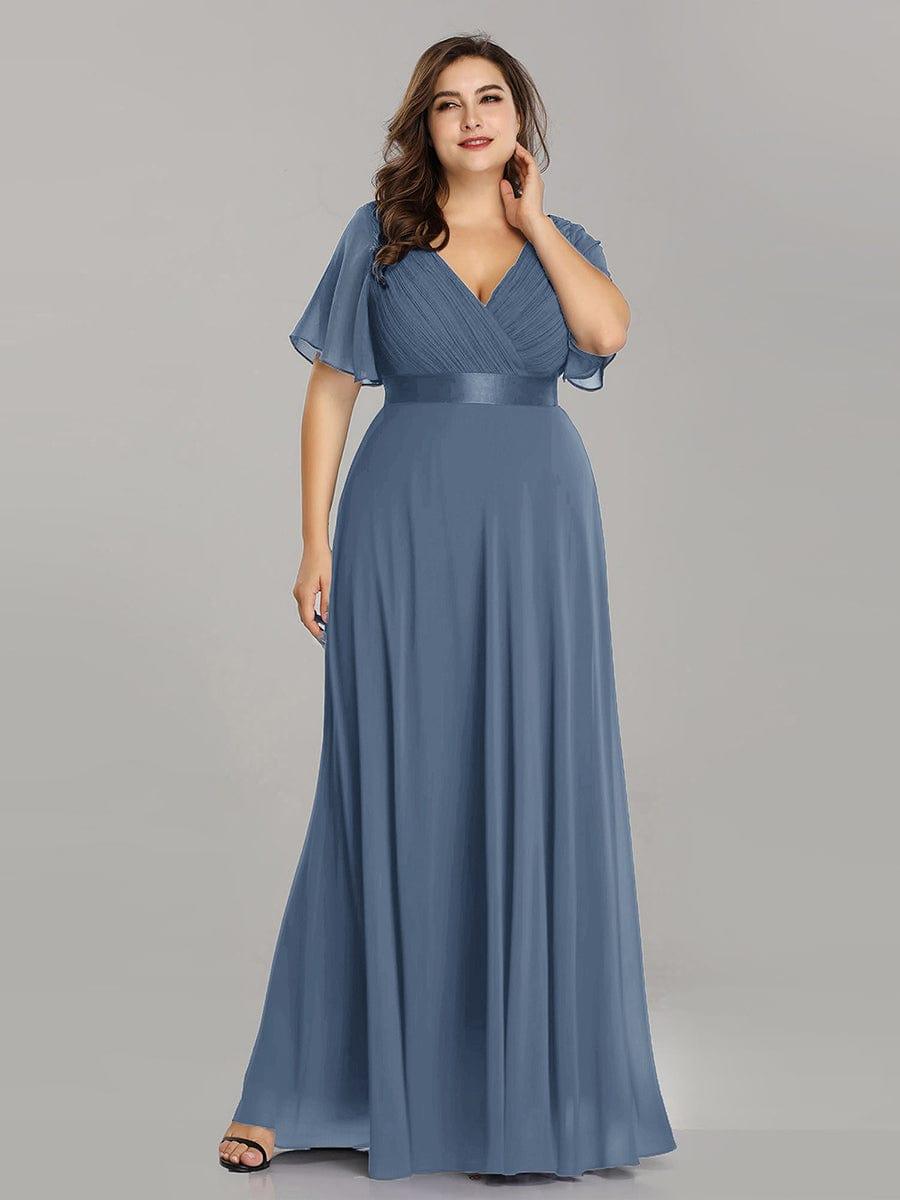 Plus Size Long Empire Waist Evening Dress With Short Flutter Sleeves #color_Dusty Blue
