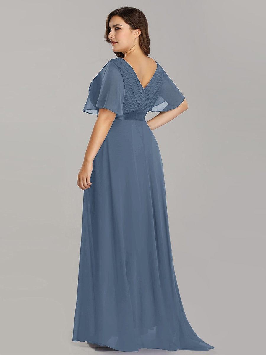 Plus Size Long Empire Waist Evening Dress With Short Flutter Sleeves #color_Dusty Blue