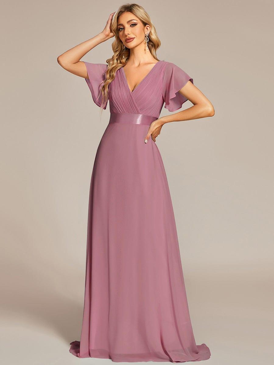 Long Chiffon Empire Waist Bridesmaid Dress with Short Flutter Sleeves #color_Purple Orchid