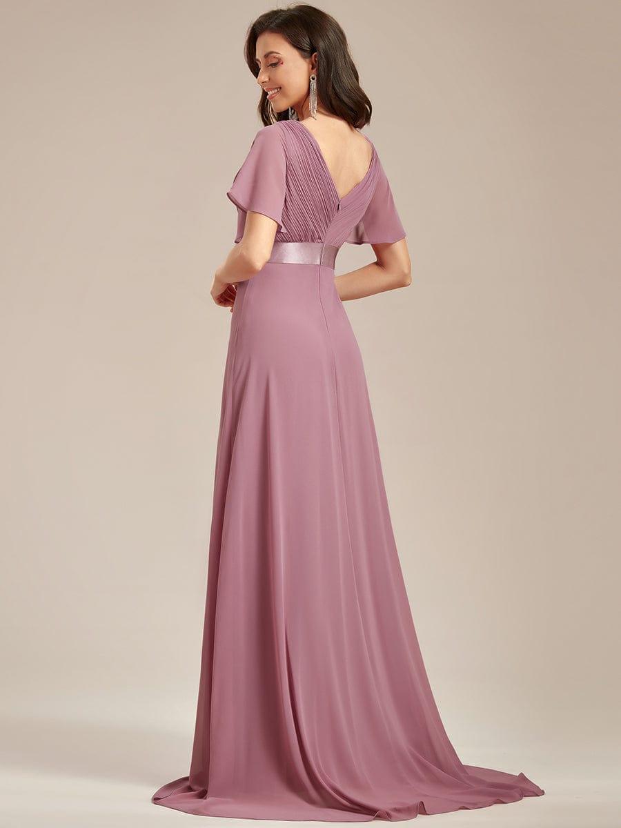 Long Chiffon Empire Waist Bridesmaid Dress with Short Flutter Sleeves #color_Purple Orchid