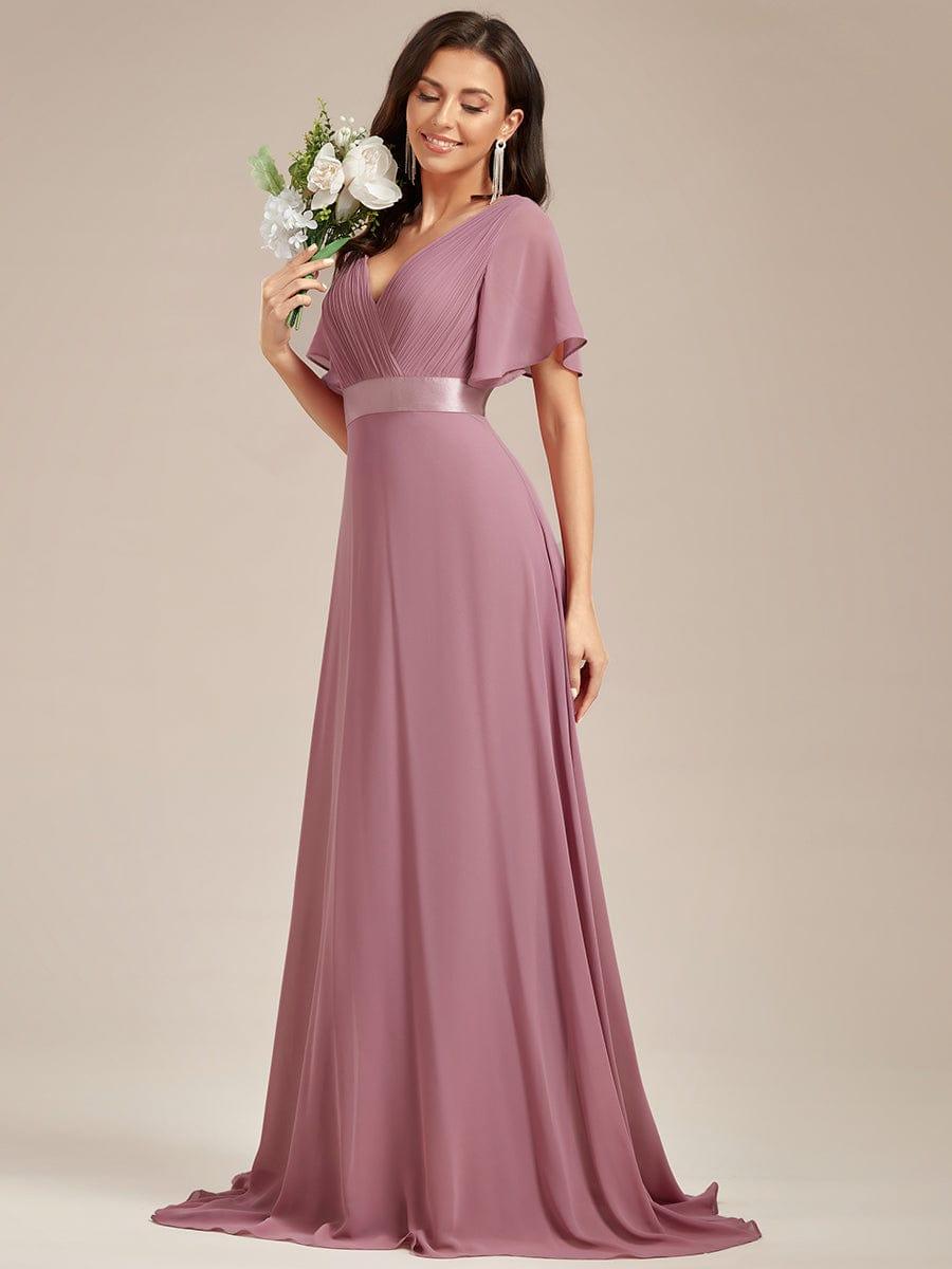 Long Chiffon Empire Waist Bridesmaid Dress with Short Flutter Sleeves #color_Purple Orchid