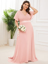 Plus Size Long Empire Waist Evening Dress With Short Flutter Sleeves #color_Pink