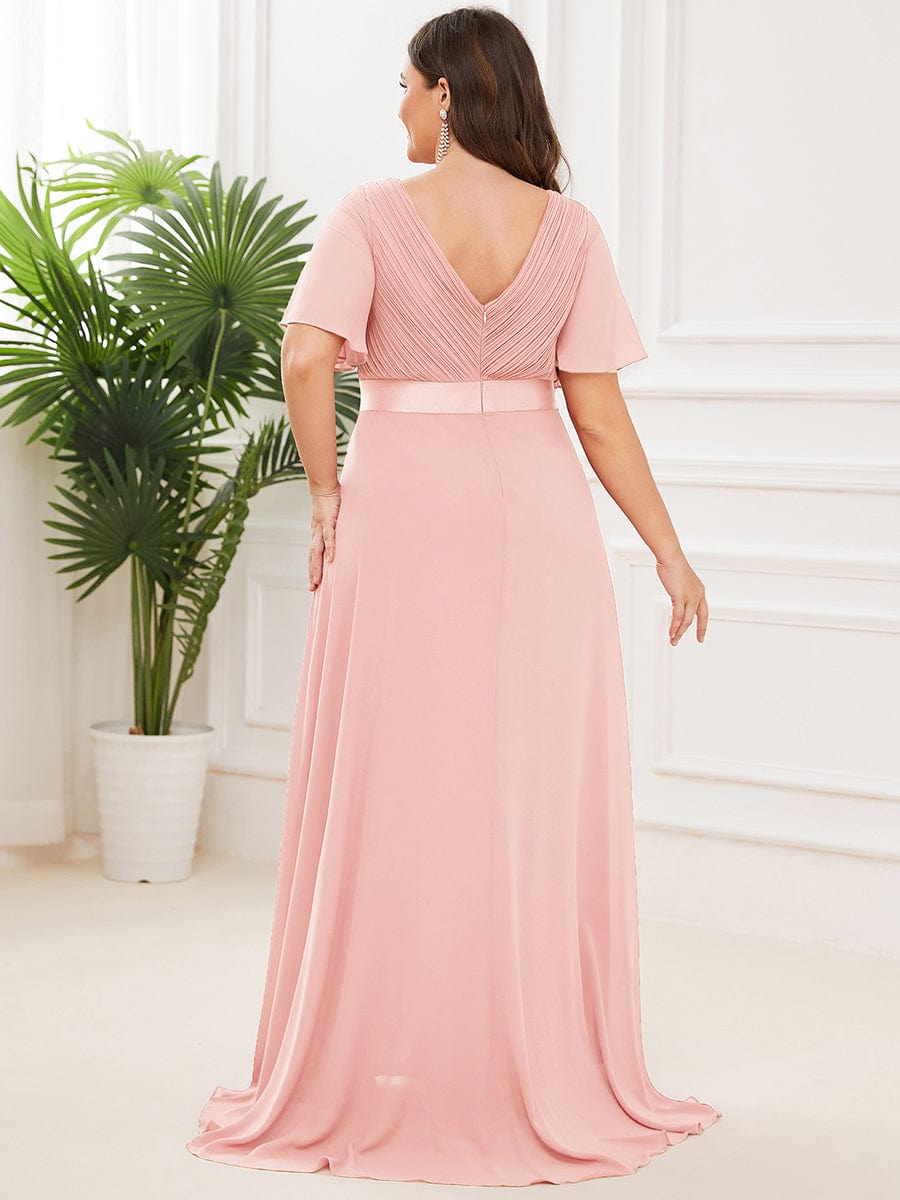 Plus Size Long Empire Waist Evening Dress With Short Flutter Sleeves #color_Pink