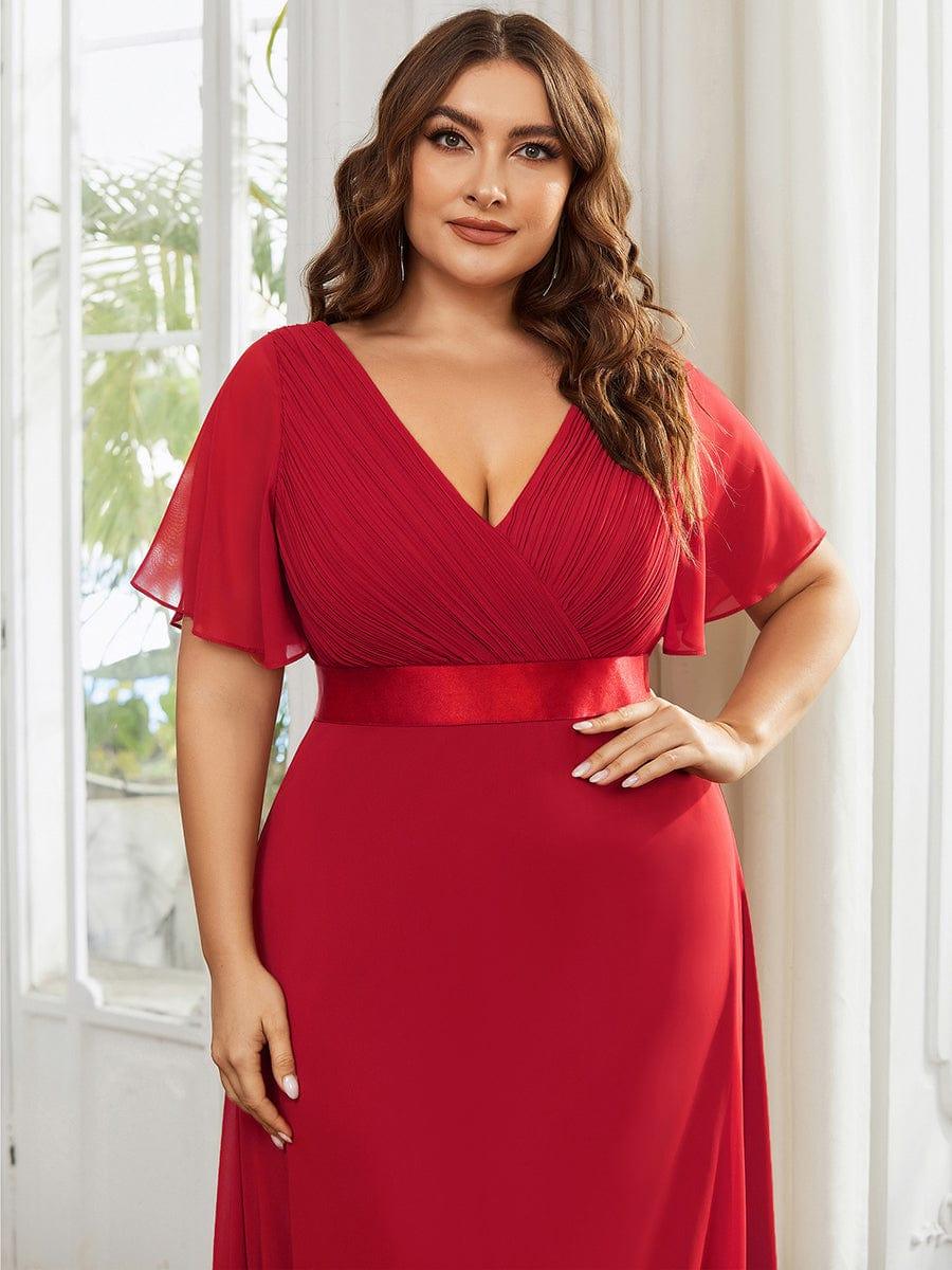 Long Empire Waist Evening Dress with Short Flutter Sleeves #color_Red