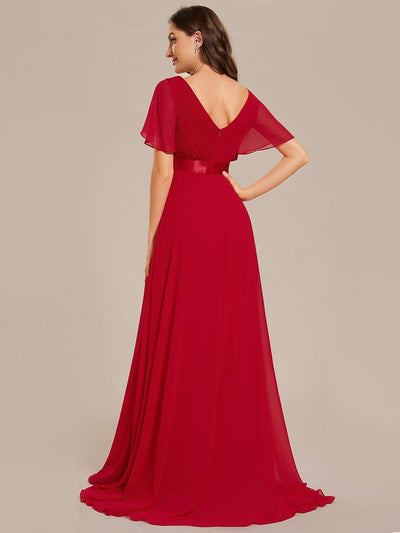 Long Empire Waist Evening Dress with Short Flutter Sleeves #color_Red