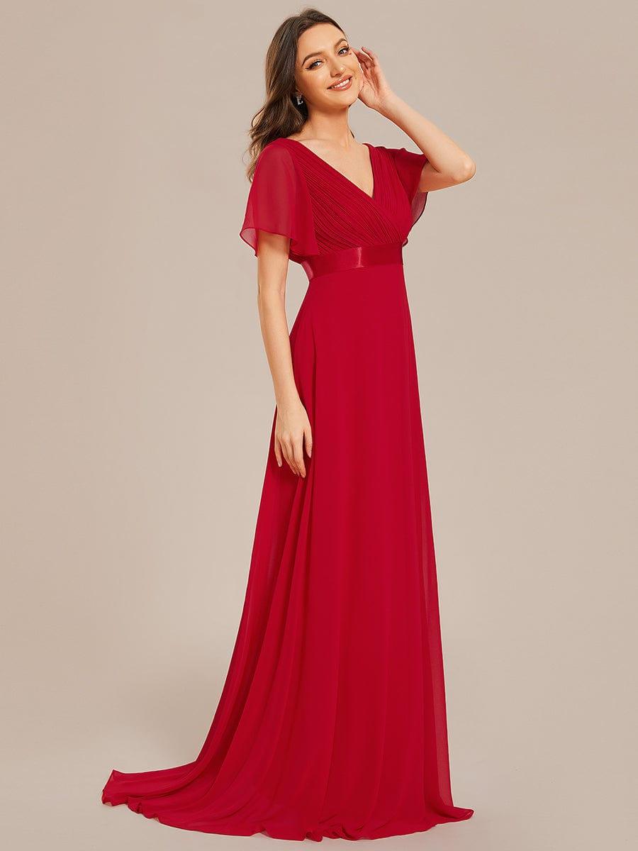 Long Empire Waist Evening Dress with Short Flutter Sleeves #color_Red
