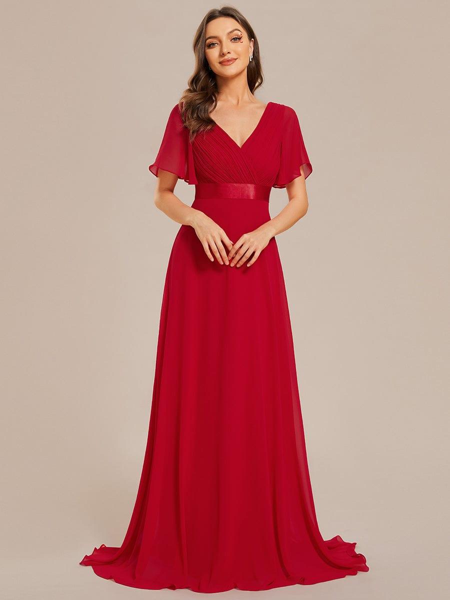 Long Chiffon Empire Waist Bridesmaid Dress with Short Flutter Sleeves #color_Red