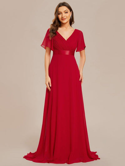 Long Chiffon Empire Waist Bridesmaid Dress with Short Flutter Sleeves #color_Red