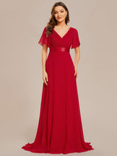 Long Empire Waist Evening Dress with Short Flutter Sleeves #color_Red