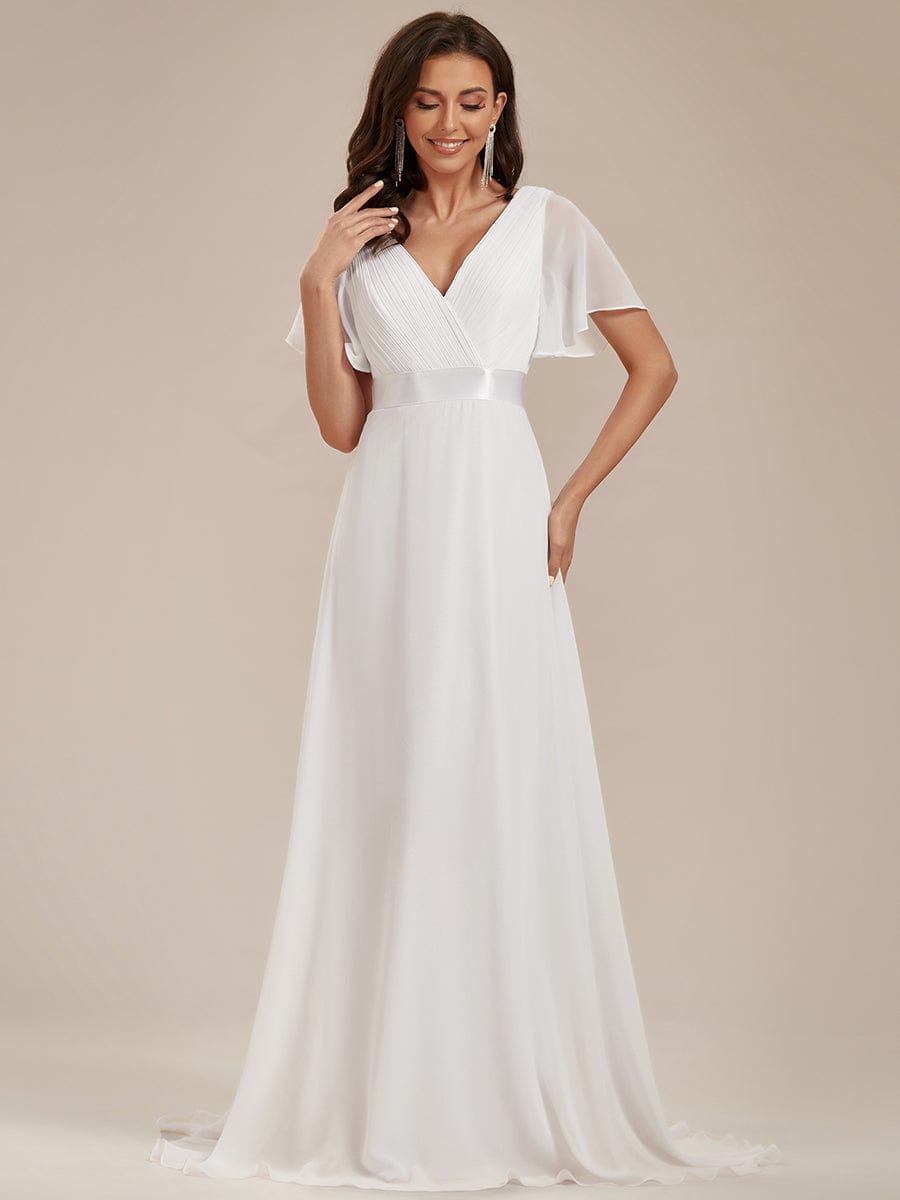 Long Chiffon Empire Waist Bridesmaid Dress with Short Flutter Sleeves #color_White