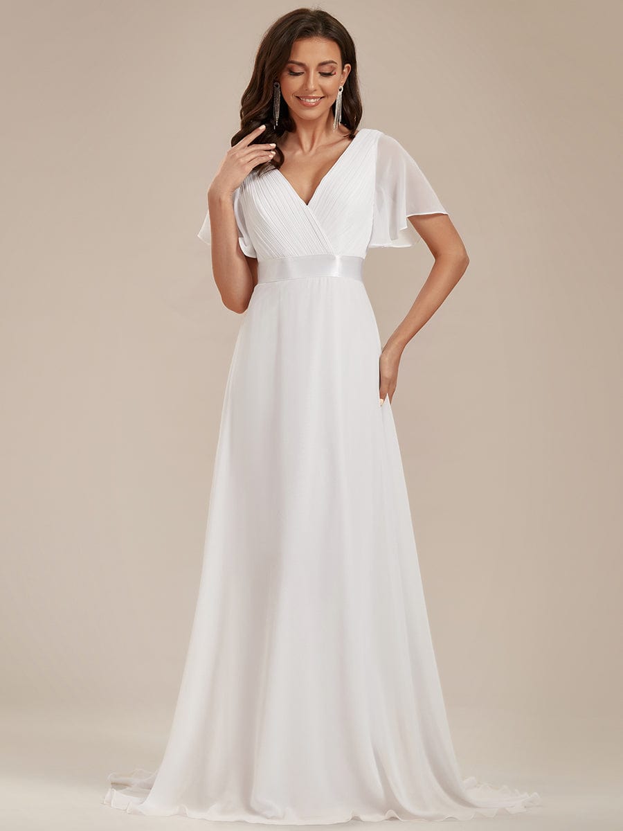 Flutter Sleeves Empire Waist Long Chiffon Evening Dress #color_White