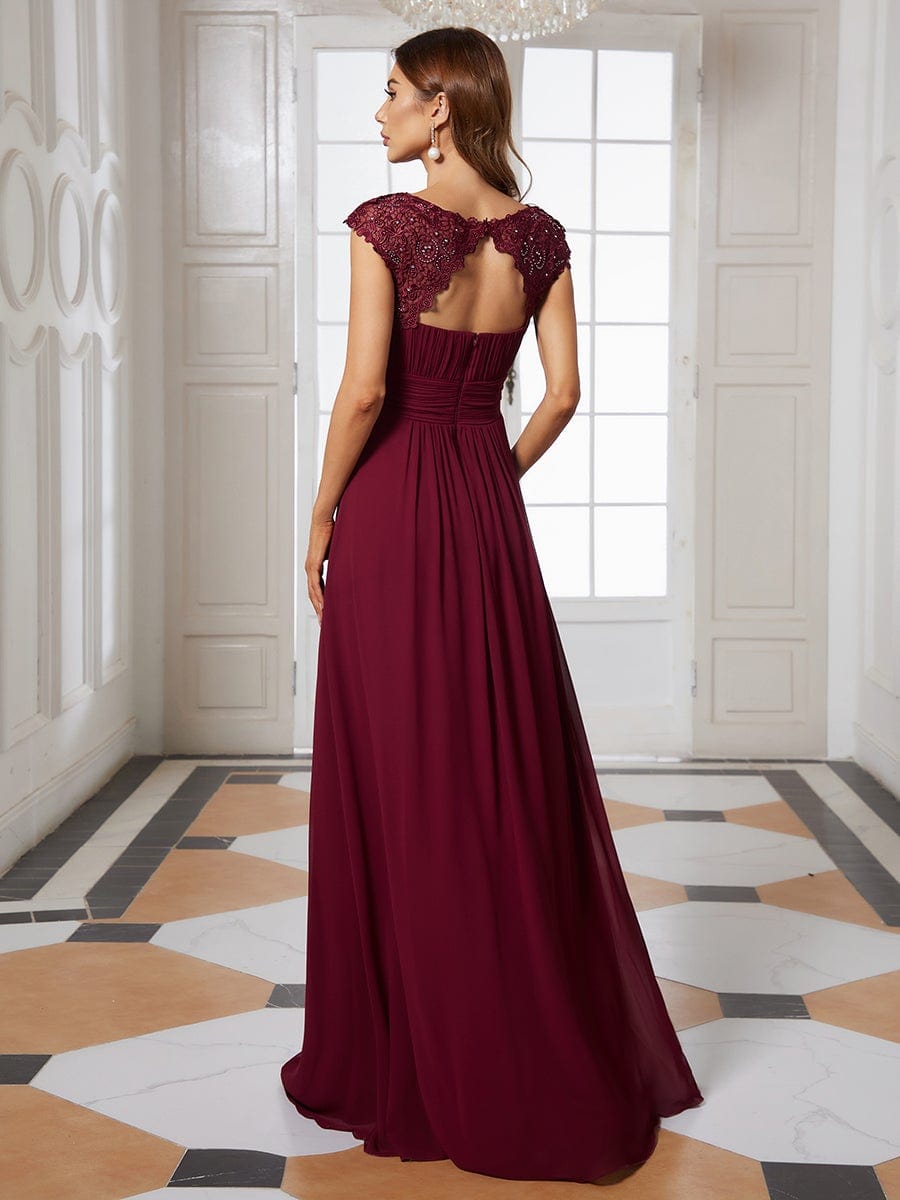 Elegant Maxi Long Lace Cap Sleeve Bridesmaid Dress #color_Burgundy 