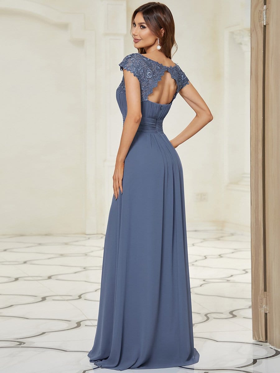 Elegant Maxi Long Lace Cap Sleeve Bridesmaid Dress #color_Dusty Navy 
