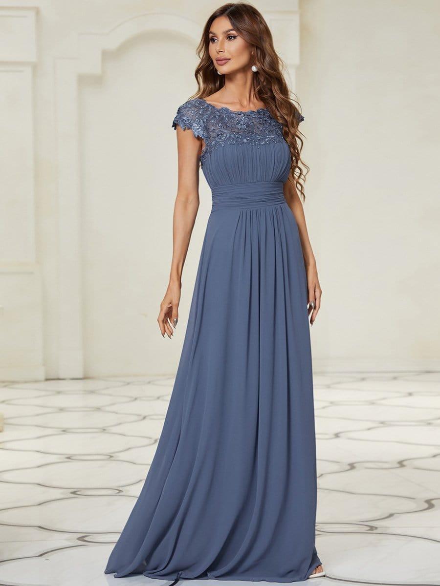 Elegant Maxi Long Lace Cap Sleeve Bridesmaid Dress #color_Dusty Blue 