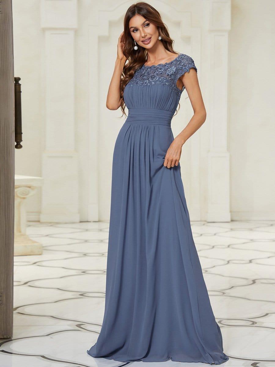 Elegant Maxi Long Lace Cap Sleeve Bridesmaid Dress #color_Dusty Blue 