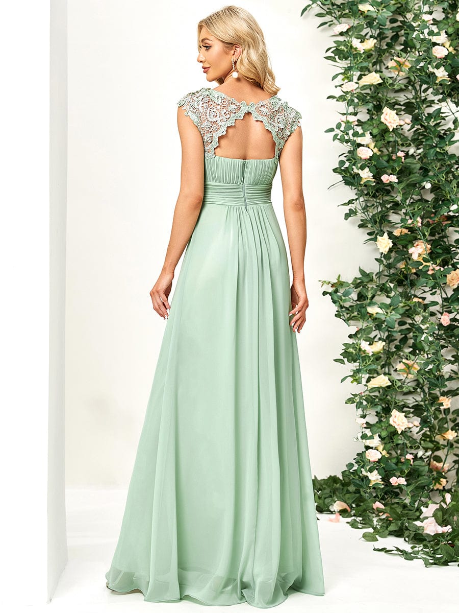 Elegant Maxi Long Lace Cap Sleeve Bridesmaid Dress