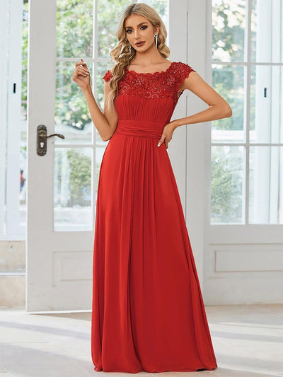 Elegant Maxi Long Lace Cap Sleeve Bridesmaid Dress #color_Red