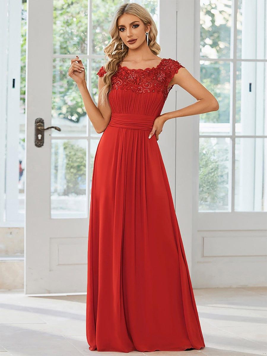 Elegant Maxi Long Lace Cap Sleeve Bridesmaid Dress #color_Red