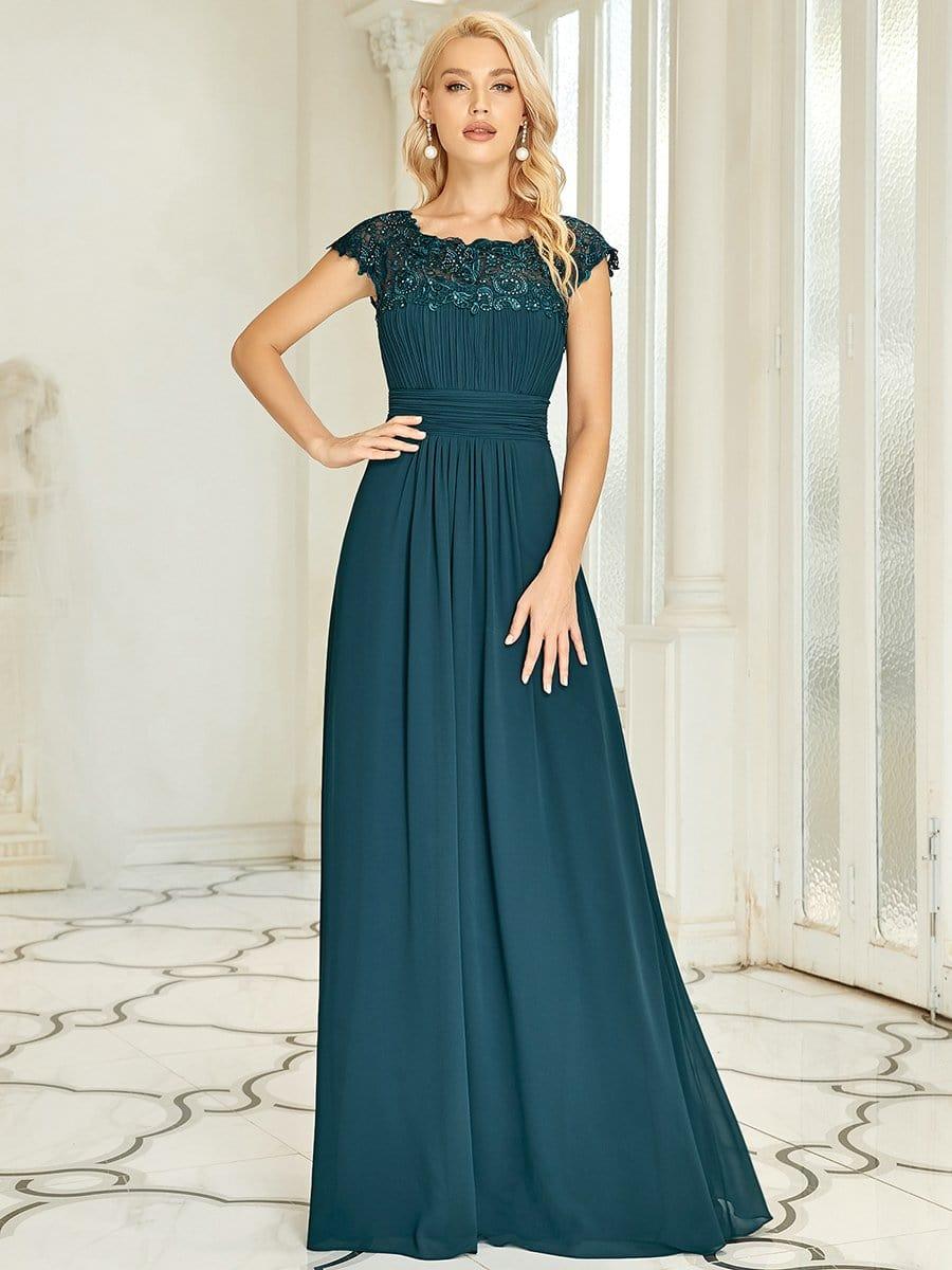 Elegant Maxi Long Lace Cap Sleeve Bridesmaid Dress #color_Teal