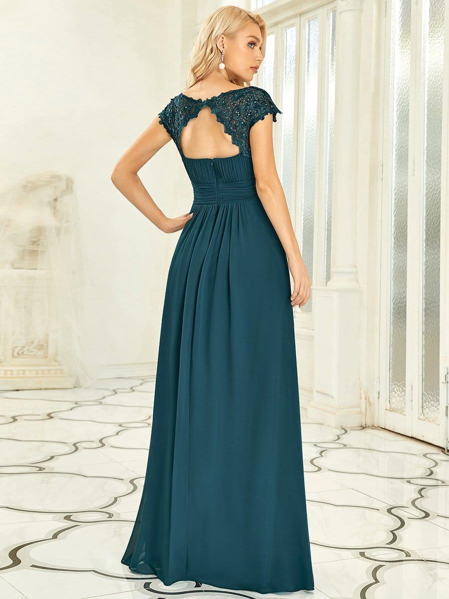 Elegant Maxi Long Lace Cap Sleeve Bridesmaid Dress #color_Teal