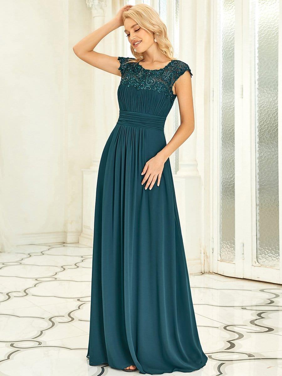 Elegant Maxi Long Lace Cap Sleeve Bridesmaid Dress #color_Teal